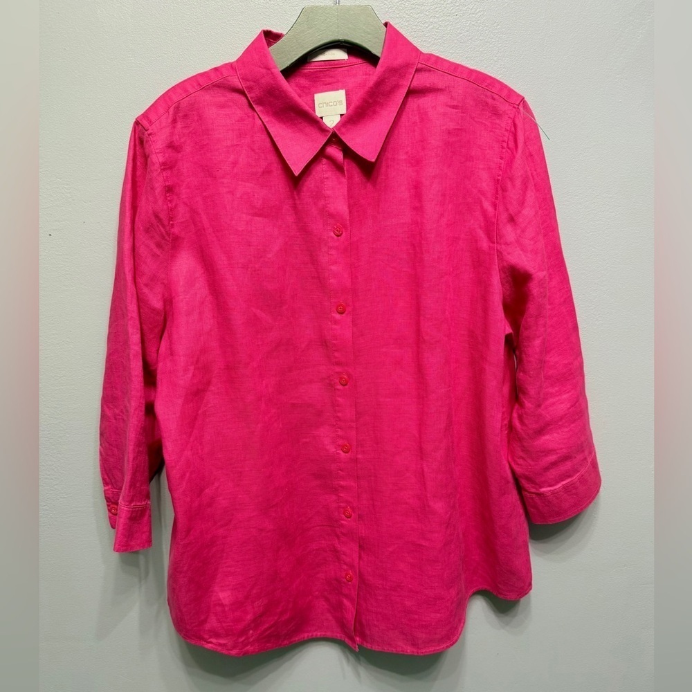 NWOT. Chico's 100% linen No-iron  Fuchsia Button Down Shirt